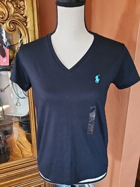 Ralph Lauren Navy V-Neck Tee with Aqua Pony